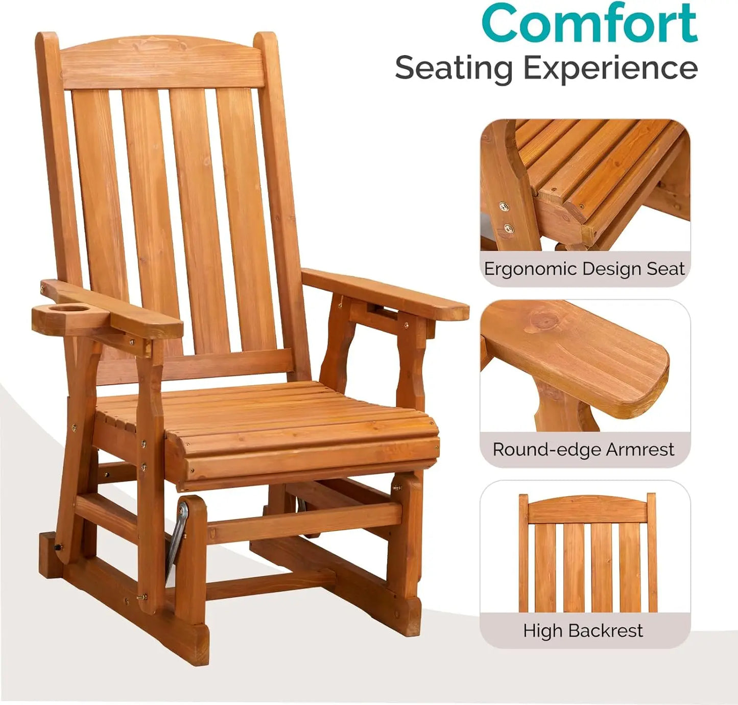 Outdoor Wood Glider Chair with Cup Holder