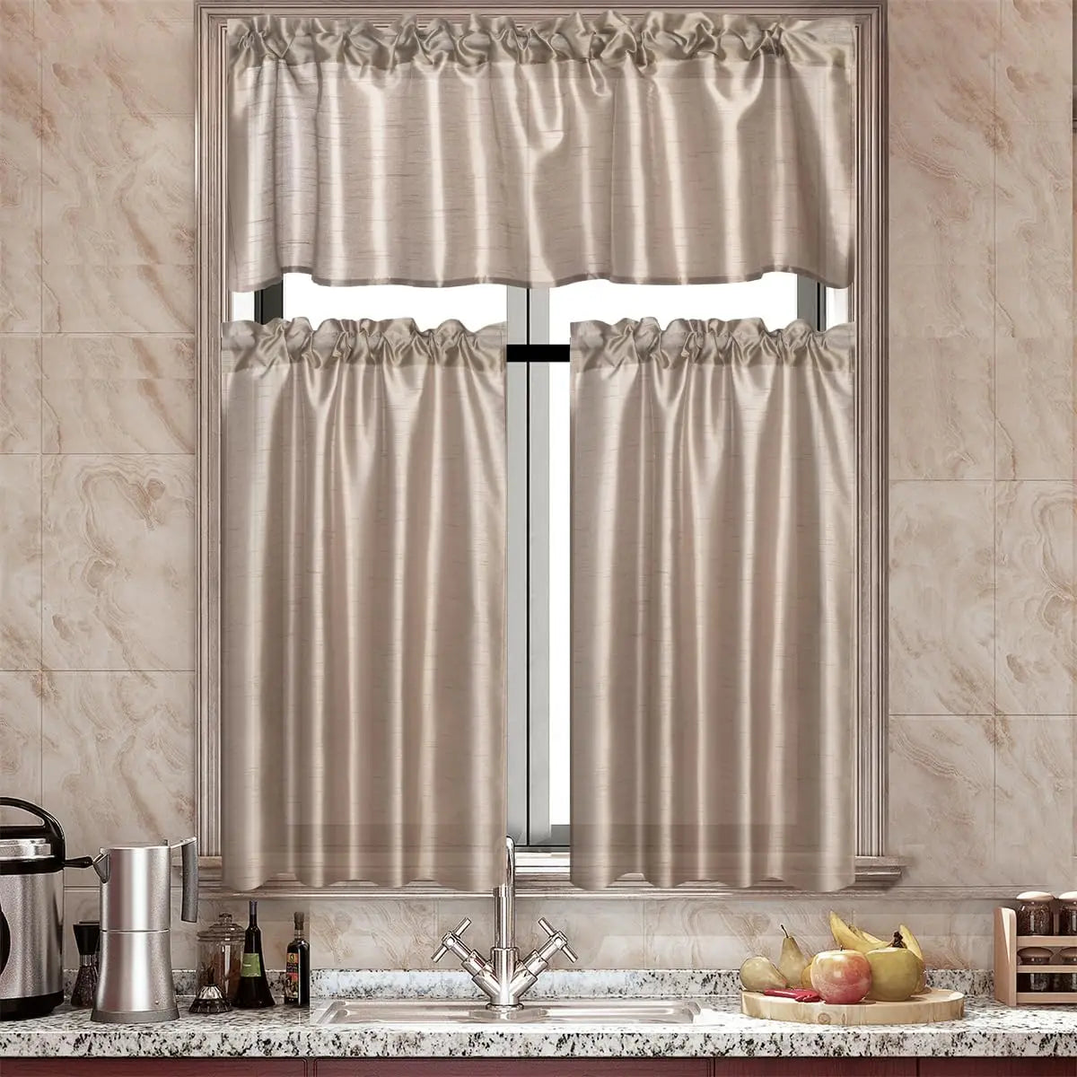 Faux Silk Sheer Curtains 2 Tiers 1 Valance