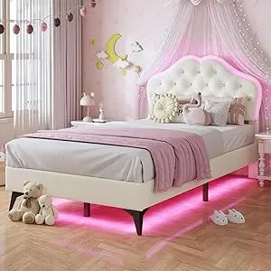 Girl Upholstered Platform Bed with Storage Drawer & LED Lights