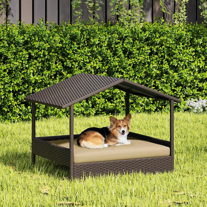 Elevated Wicker Doghouse with Canopy & Cushion