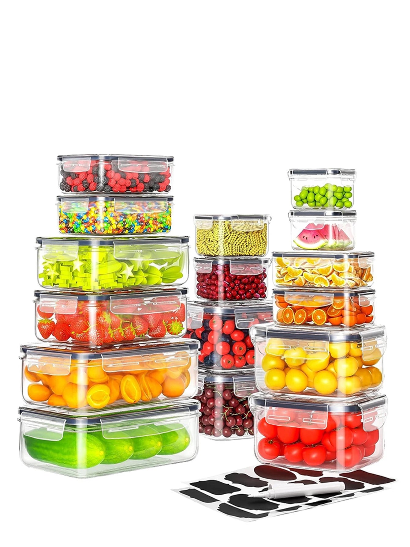 12pcs/Sealed food storage container with easy buckle lid, labels & pens