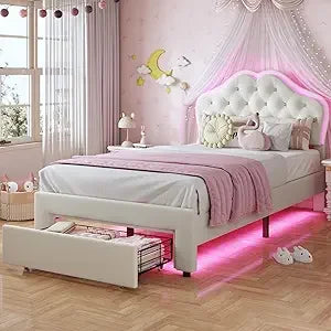 Girl Upholstered Platform Bed with Storage Drawer & LED Lights
