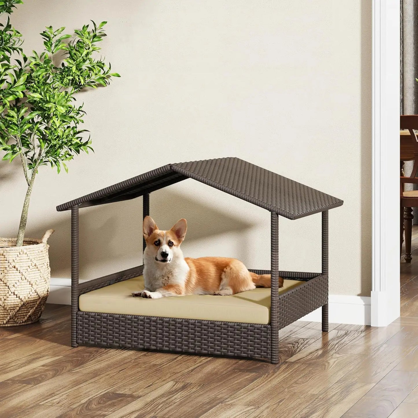 Elevated Wicker Doghouse with Canopy & Cushion