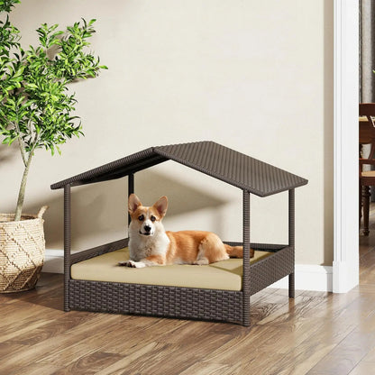 Elevated Wicker Doghouse with Canopy & Cushion