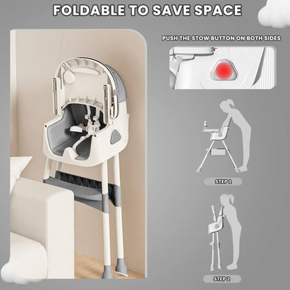 Foldable Baby Highchair, with Anti-slip Pad & Toy Rack