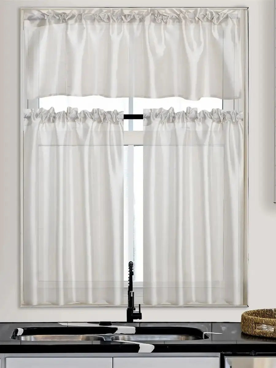 Faux Silk Sheer Curtains 2 Tiers 1 Valance