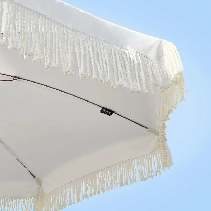 7ft Patio Fringe Tassel Umbrella, Push Button Tilt